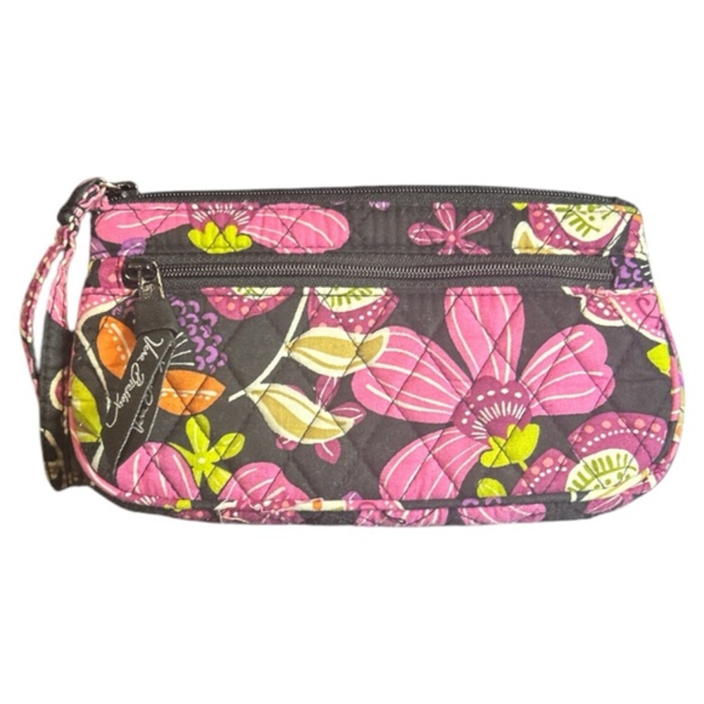 Vera Bradley Hot Pink & Black Paisley Floral 2 zipper wristlet w card slots